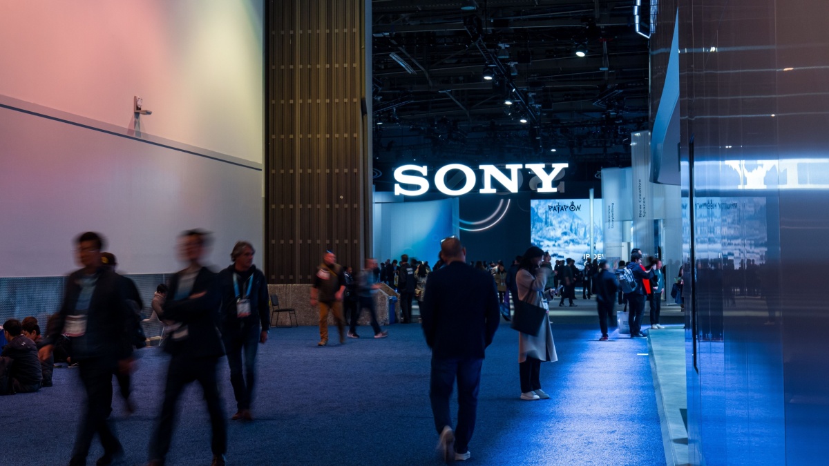 Las Vegas, NV 1-12-2024: Convention Center Central Hall during CES. Event participants walking and resting between exhibits, captured in long exposure. SONY booth straight ahead of the hallway.