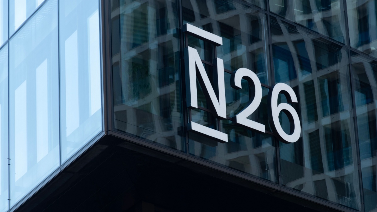 N26 logo German digital bank on glass facade, modern approach to finance, innovation and financial technology, Berlin, Germany - August 16, 2024