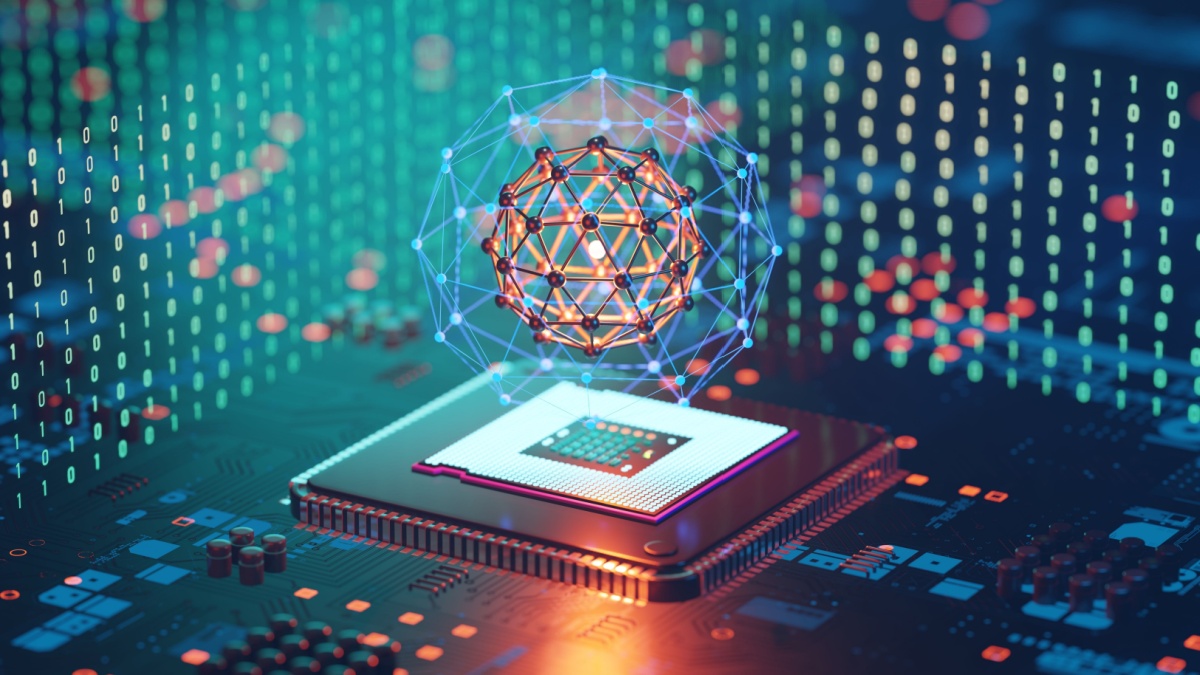 Abstract system of quantum computing, the future supercomputer technology, 3d rendering