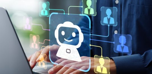 AI agent and customer support. Artificial intelligence helping and assisting customer. Man using laptop computer to ask questions to AI at desk.