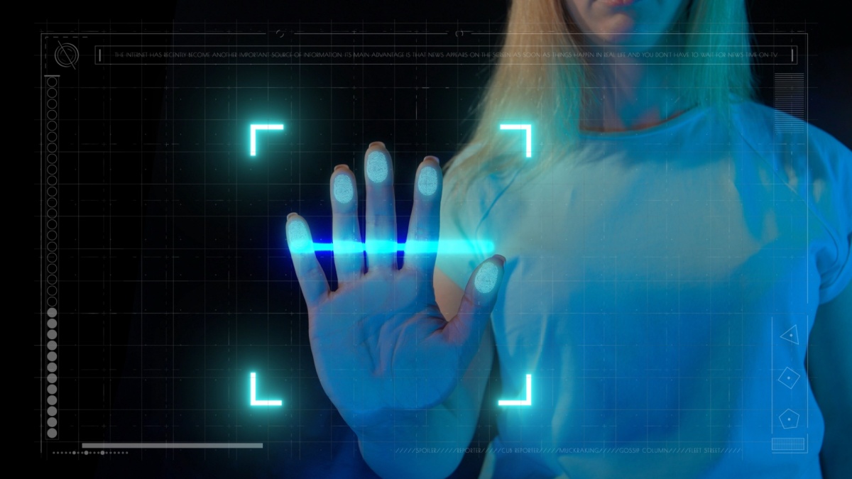 Woman hand touches glass screen panel, holographic scanner interface scanning fingerprints on female palm checking access and safety identification.