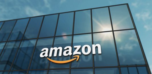 Seattle, USA, April 5, 2023: Amazon corporation headquarters glass building concept. International retail and shipping company symbol on front facade 3d illustration.