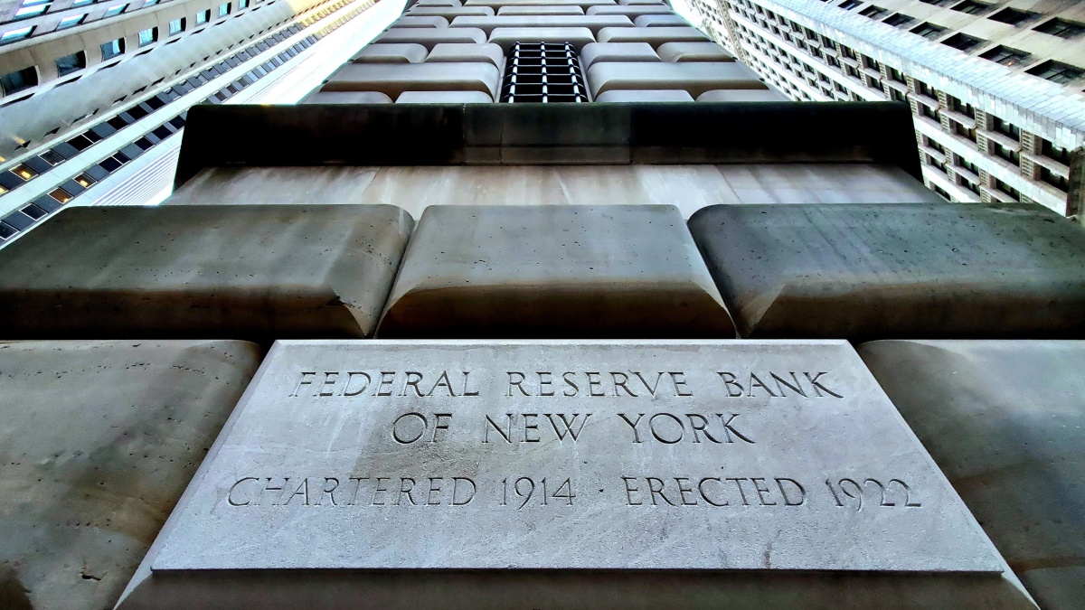 Facade of the west side of the building housing the Federal Reserve Bank of New York located in the financial district in Lower Manhattan of New York City, USA - photographed on March 14th, 2024.