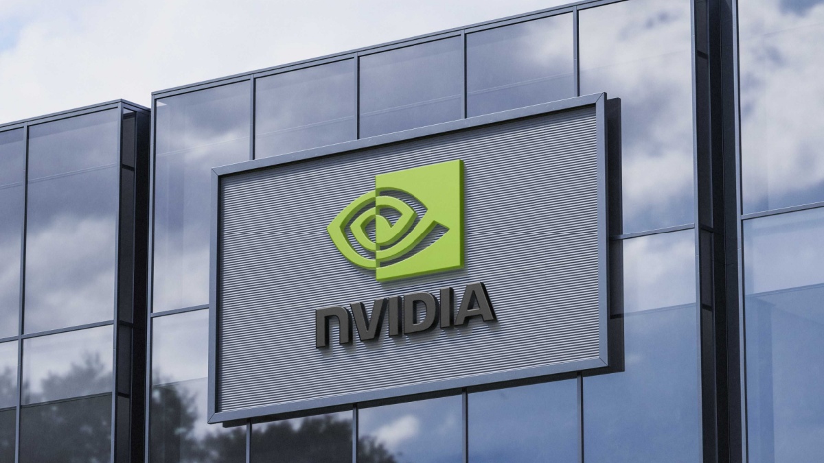 Delhi, India- 20 May 2025; NVIDIA corporate building featuring bold 3D red NVIDIA logo under bright blue sky, symbolizing innovation and electric vehicle dominance in the global stock market
