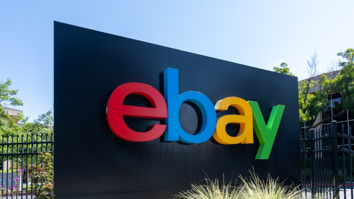 Close up of eBay sign at its headquarters in San Jose, California, USA - June 11, 2023. eBay Inc. is an American multinational e-commerce company.