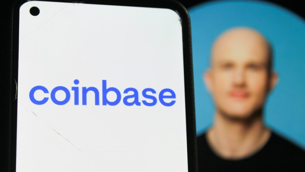 Coinbase logo displayed on a smartphone screen. With Coinbase CEO Brian Armstrong Instagram profile photo in the background. Indonesia - June 12, 2025.