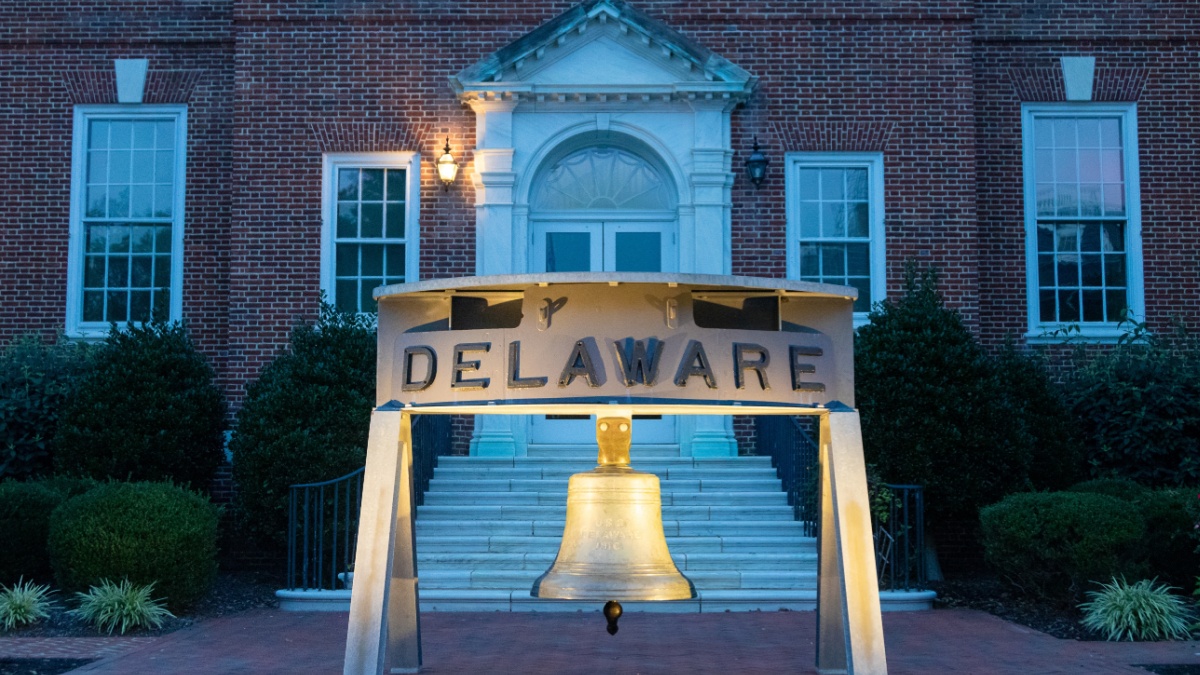 Delaware bell in downtown Dover at night.