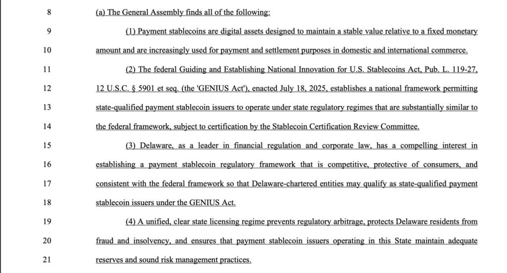 Screenshot of Delaware Senate Bill 19 (SB19), the Delaware Payment Stablecoins Act, showing regulatory provisions for digital asset and stablecoin issuers