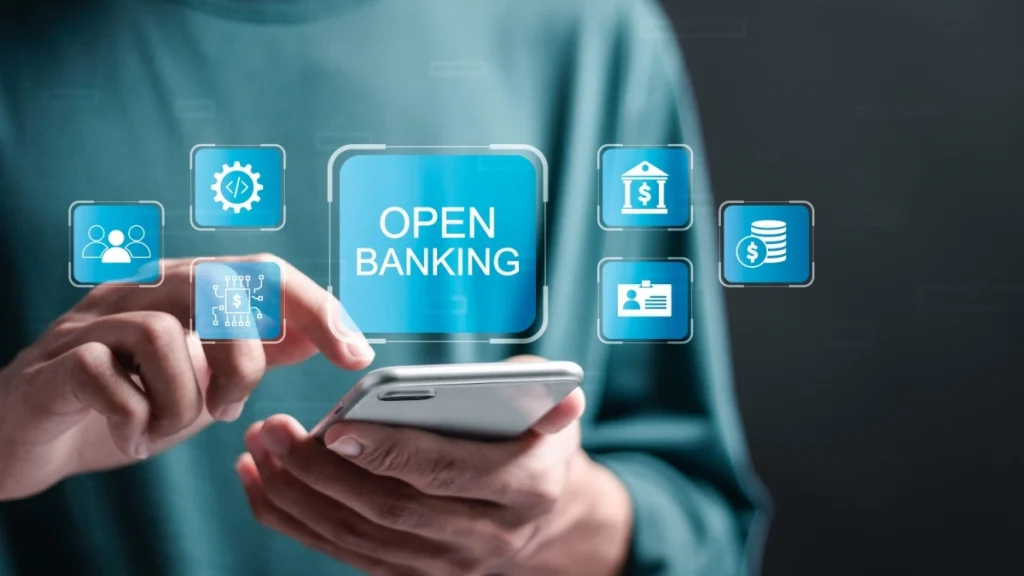 Person use smartphone with virtual screen of open banking icon.