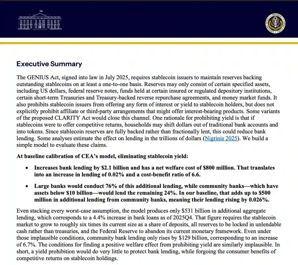 Executive Summary from Council of Economic Advisers report on stablecoin (crypto) yield.
