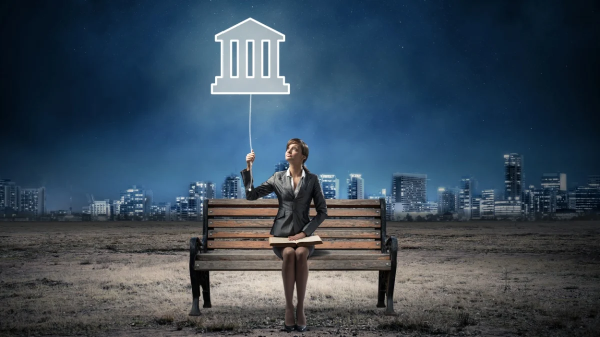 Woman with bank symbol in night sky.