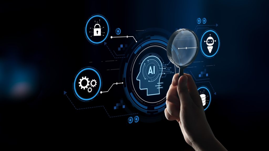 Person holding magnifying glass to screen that reads AI.