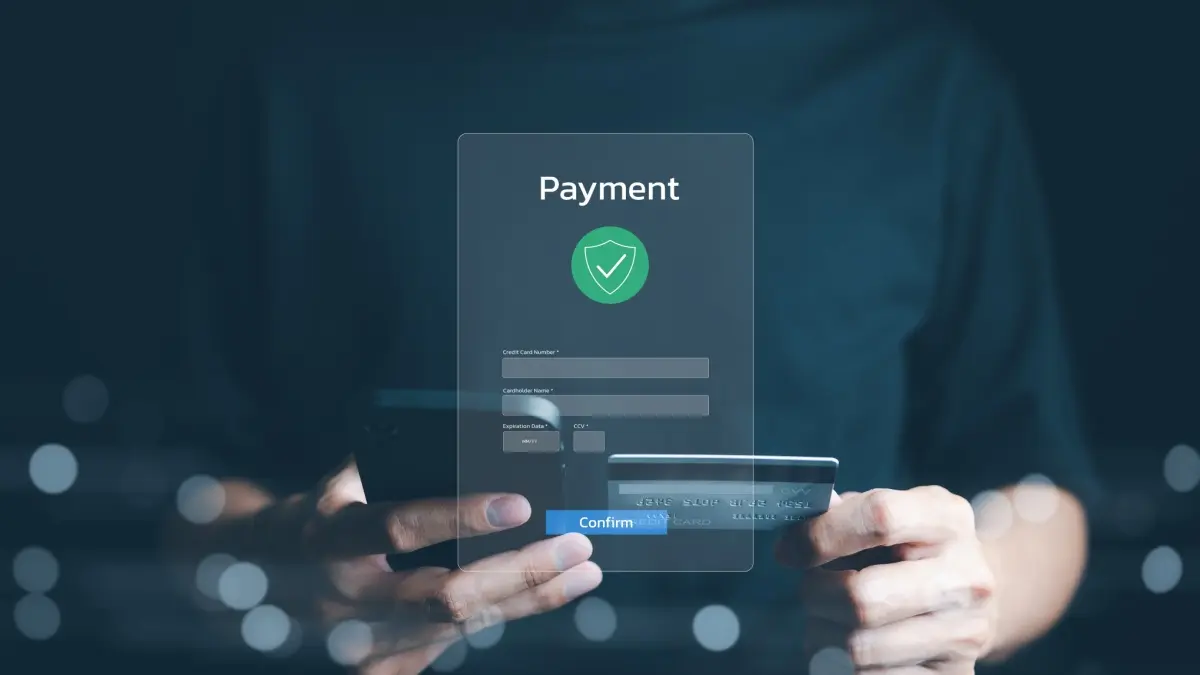 Secure Online Payment Transaction Process concept. Person confirming a secure online payment using a credit card through a digital interface with verification tick symbol.