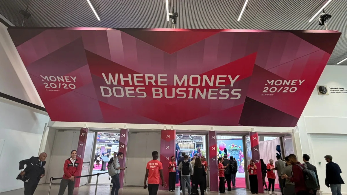 Sign above the entrance of Money20/20 Europe event in Amsterdam.