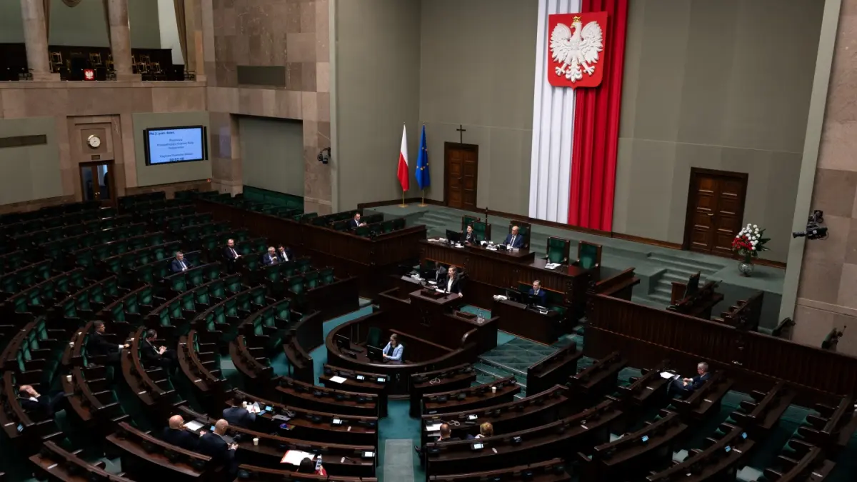Sessions chamber or Meeting Hall in Sejm Rzeczypospolitej Polskiej building on Wiejska street. Interior of Sejm and Senate complex. House of the Polish parliament.