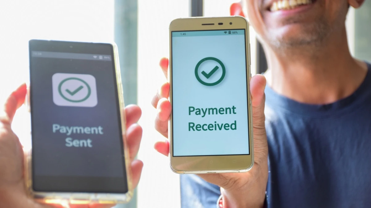 Man showing a message of successful payment from his friend.
