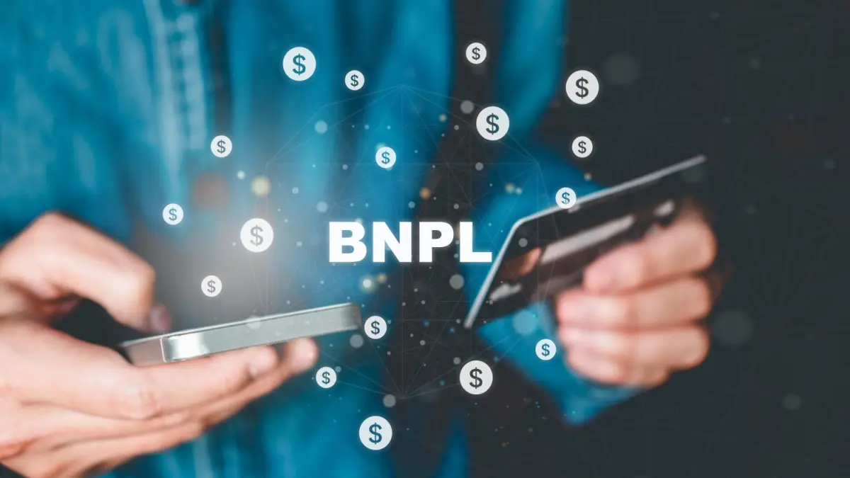 BNPL-Buy Now Pay Later shopping online icon , Online banking businessman using smartphone holding credit card online shopping concept.