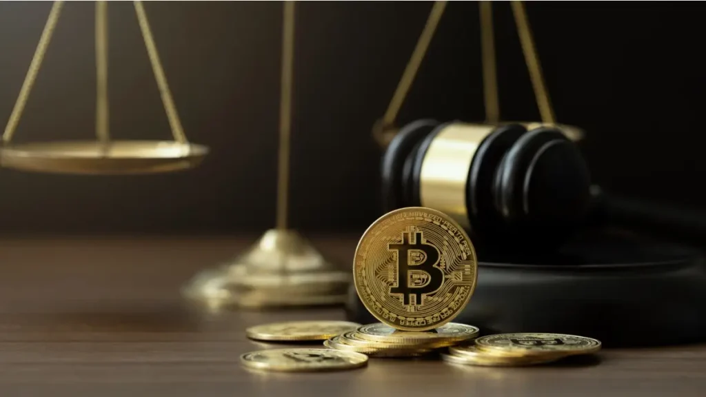 Bitcoin Crypto Regulation And Law. Cryptocurrency laws. Bitcoins and a wooden gavel with a golden scale on the table. Cryptoc regulation and Tax Laws are regulated by the government.