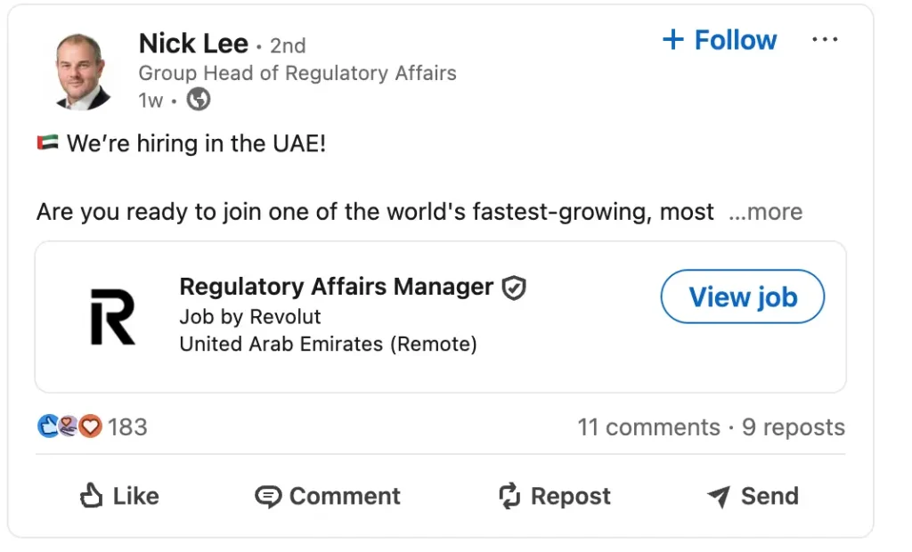 If you have 7+ years of experience in regulatory affairs/compliance/risk from a top-tier bank/fintech or regulatory body where you've worked closely with UAE regulators and are looking to shape what's next in finance, please apply directly below.