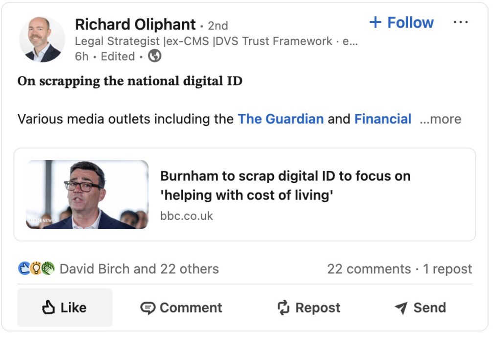 Screenshot of Richard Oliphant's LinkedIn post