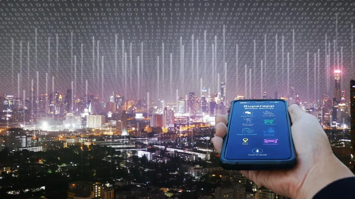 Hand holds a smartphone with a super app that serves multiple services as a one-stop service with an active network in the background.