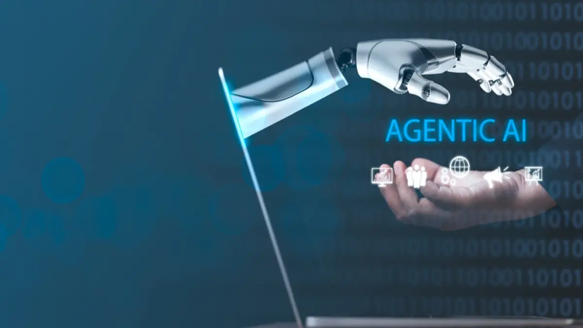 virtual interface bridges human and robot interaction as a businessman explores AI-driven innovation, focusing on agentic AI systems, automation, and cutting-edge technology for business strategy