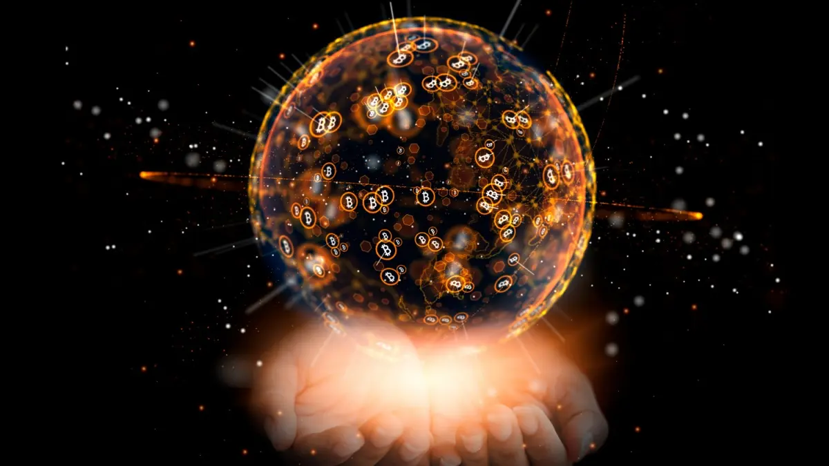 Women hands with a 3D render the world full of crypto by the name bitcoin