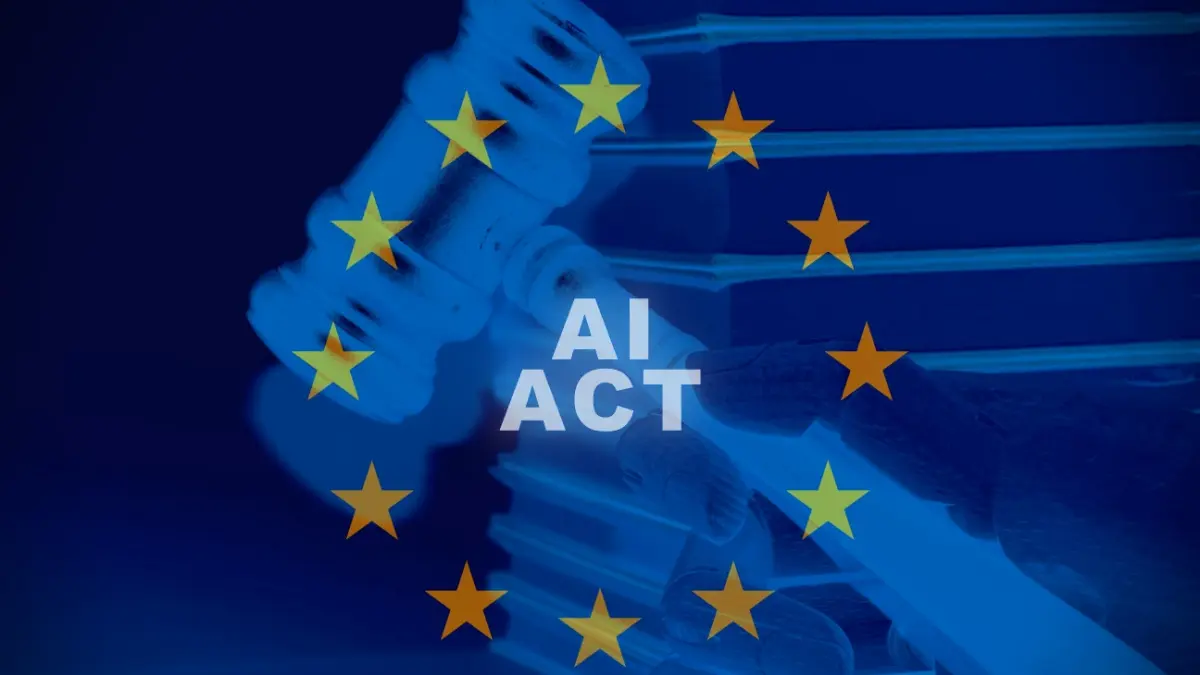 European flag with "Ai Act" text, concept for regulation of AI tools (EU AI Act)