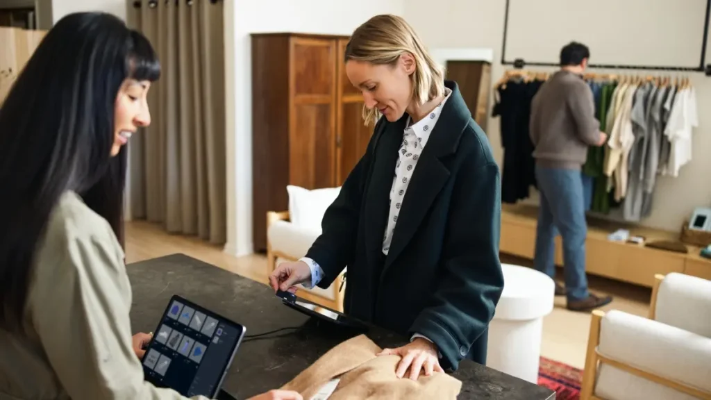 Woman using POS terminal in a shop.