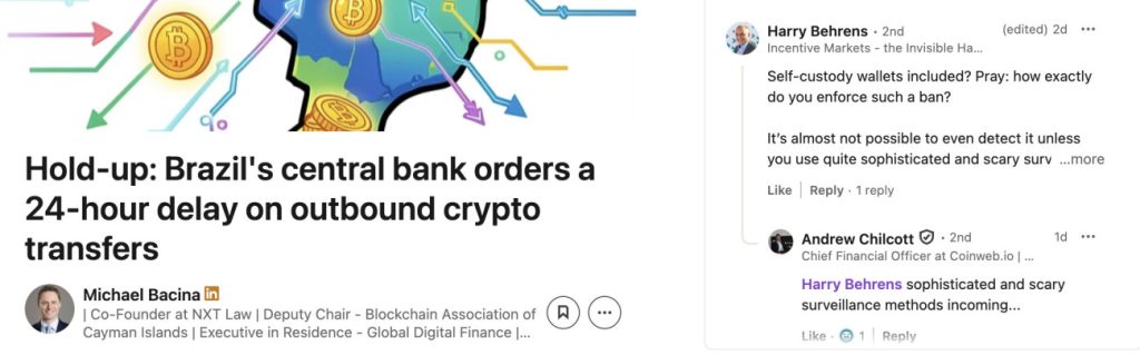 Screenshot of comment section under LinkedIn article of Michael Bacina, Co-Founder at NXT Law.