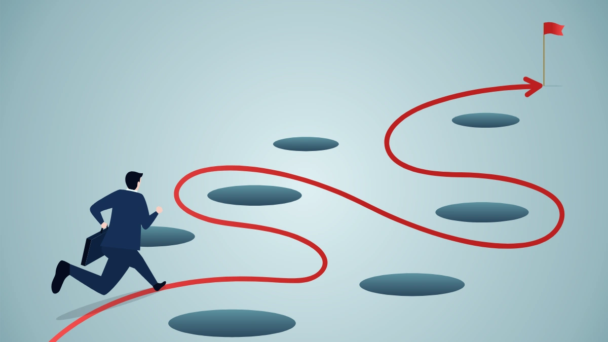 A man avoids holes on his road to a flag, illustrating the "approval-rate trap" described by eComCharge.