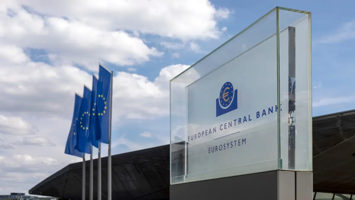 ECB, European Central Bank, Frankfurt am Main, August 2022, sign at the main entrance of the ECB with European Flags in the background, safety - security - order