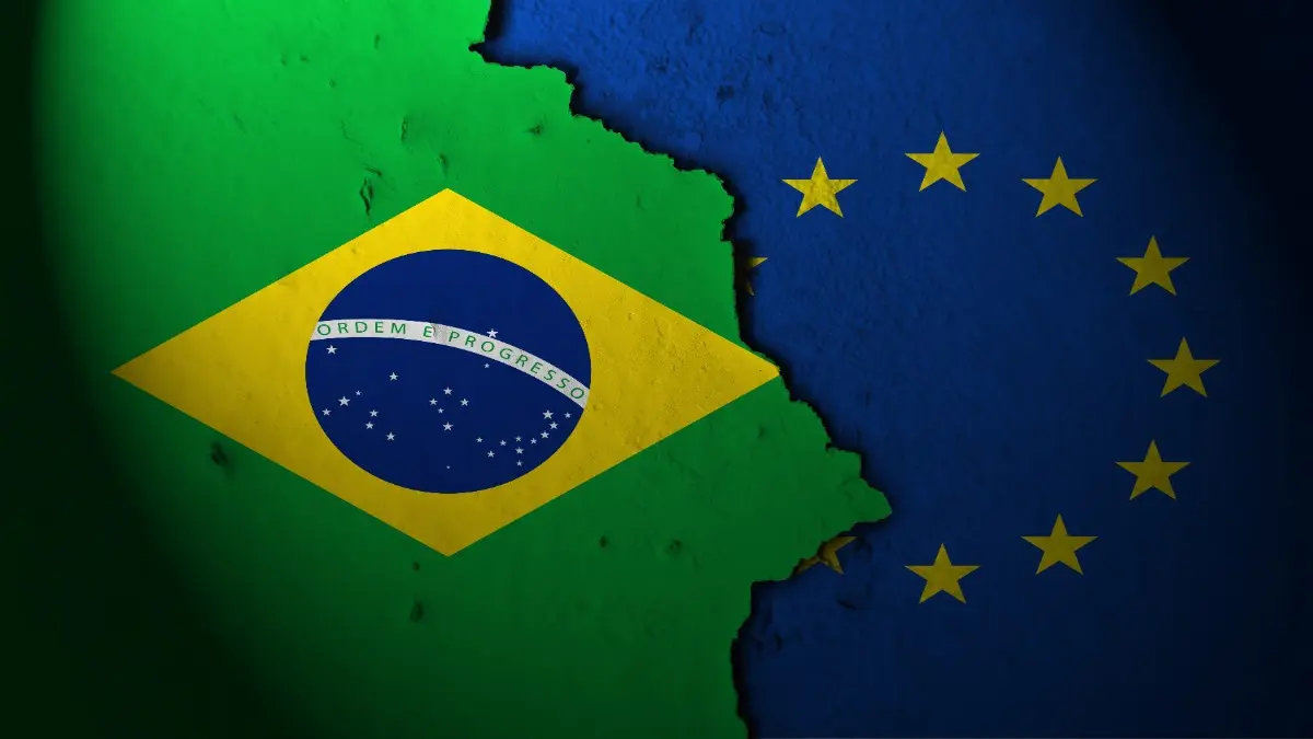 Brazilian flag next to flag of European Union.