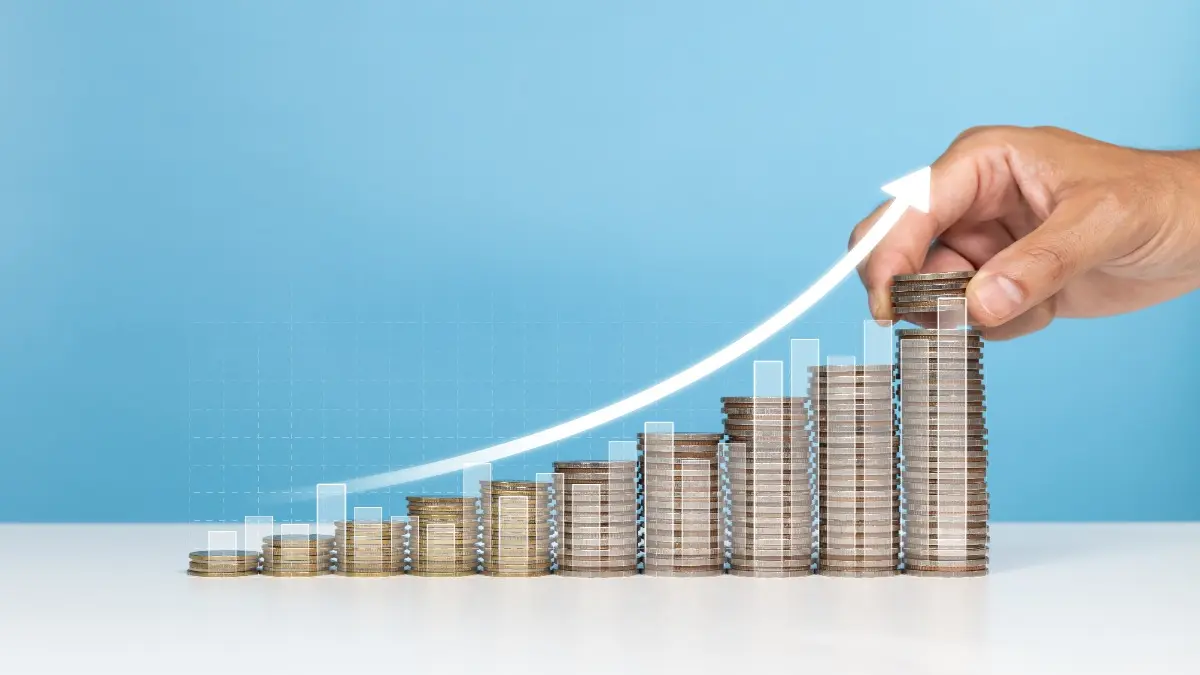 Invest, profit, finance and business strategy. A man hold coin and coins stack with white up arrow of profit and planning businesses and growing business.