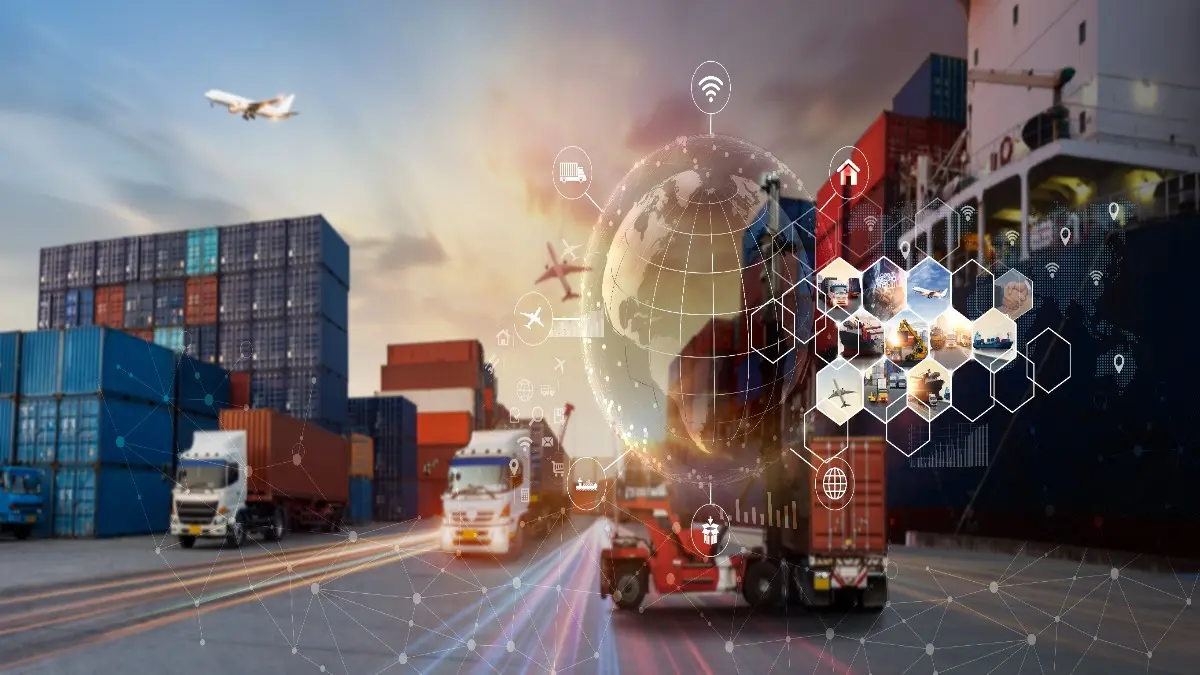 supply chain finance. Smart logistics and transportation Concept, Transportation and logistic network distribution growth. Container cargo ship and trucks of industrial cargo freight for import export industrail background